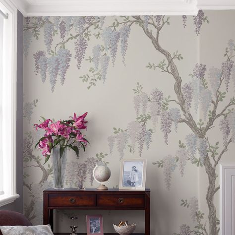 Wisteria Mural, Laura Ashley Wallpaper, Wisteria Garden, Purple Wisteria, Garden Mural, Statement Wall, Wallpaper Direct, Burke Decor, Wallpaper Paste