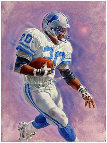 Barry Sanders, Detroit Lions by Ken Joudrey. Nfl Artwork, Nfl Legends, Nfl Art, Nfl Highlights, Barry Sanders, Nfl Football 49ers, Football 49ers, Nfl Football Art, Detroit Lions Football