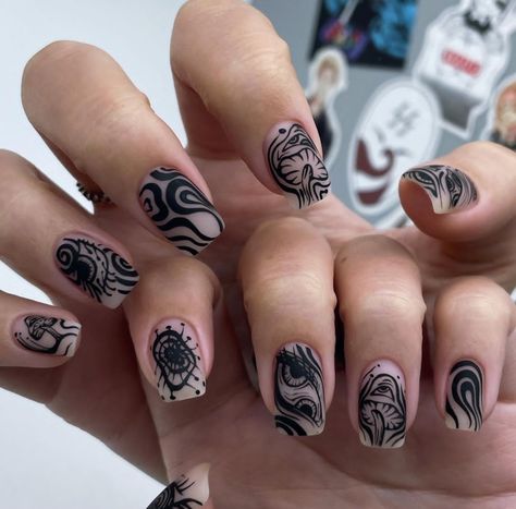 Tattoo Style Nail Art, Linework Nail Art, Tattooed Nails, Nail Art Grunge, Mens Nail Designs, Men Nails Design, Masc Nails, Sharpie Nail Art, Music Nails