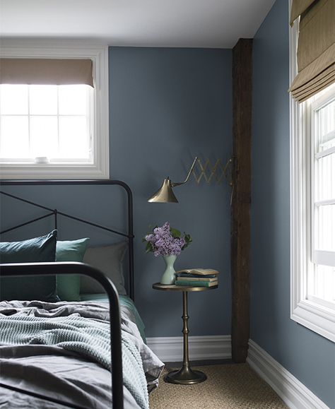 Relaxing Bedroom Colors - Benjamin Moore's Black Pepper 2130-40. Via @benjamin_moore Relaxing Bedroom Paint, Bedroom Paint Colors Benjamin Moore, Boys Bedroom Paint Color, Soothing Bedroom Colors, Relaxing Bedroom Colors, Blue Bedroom Paint, Blue Bedroom Colors, Calming Bedroom Colors, Calm Bedroom