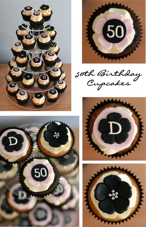 These were made for a past customer's mum for her 50th Birthday. She wanted black, ivory & pink w/ silver cachous. The rest was left up to me.  Cupcakes are a mixture of: Very Vanilla Choco - Vanilla & Banana Cinnamon  All decorations are edible and made from fondant & silver cachous. Birthday Cupcakes For Women, 50th Birthday Cupcakes, Birthday Cupcakes Decoration, Moms 50th Birthday, 50th Birthday Cake, 50th Party, Cakes For Women, Birthday Cupcake, Birthday Party Food