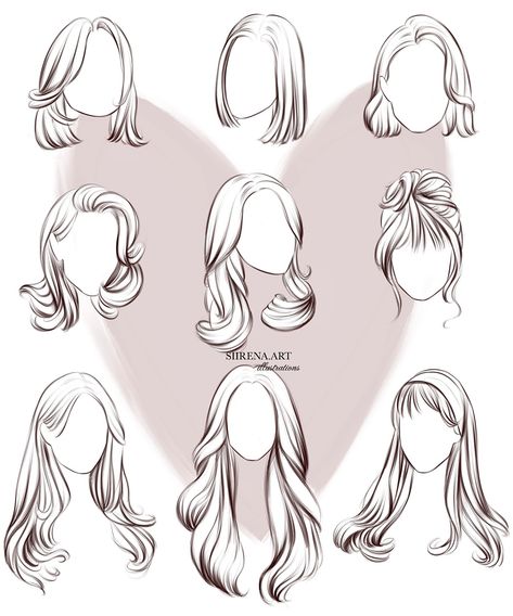 Hair For Illustration, Hairstyles For Sketching, Hair Drawing Fashion Illustration, Fashion Design Hair Sketch, Fashion Illustration Hairstyles Sketches, Fashion Hair Drawing, Croqui Hairstyles, Hairstyles Illustration Fashion, Fashion Figure Templates With Hair