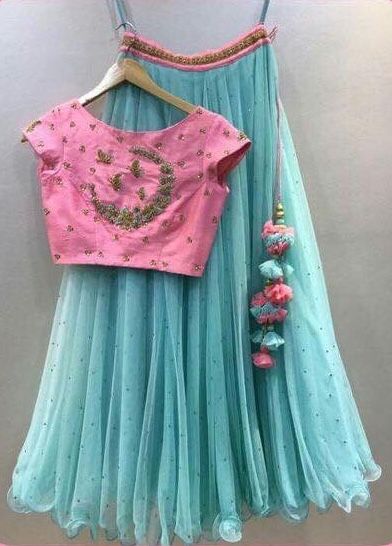 Pink and blue. Blue And Pink Combination Lehenga, Pink Indian Dress, Baby Lehenga, Pink And Blue Dress, Embroidery Butterfly, Combination Dresses, Kids Party Wear Dresses, Ikkat Dresses