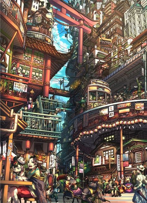 Narihirabashi by 浅野. : ImaginaryCityscapes Animated City, Ville Cyberpunk, Arte 8 Bits, Fantasy City, Fantasy Places, Ghibli Art, Futuristic City, Comics Art, Fantasy Art Landscapes