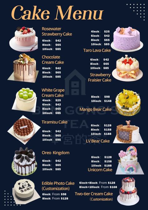 Brownie Types, Menu Cake, Mini Cake Pricing, Cake Page Name Ideas, Packaged Desserts, Cake Menu Design Ideas, Aesthetic Bakery Names, Bakery Business Ideas, Home Bakery Name Ideas