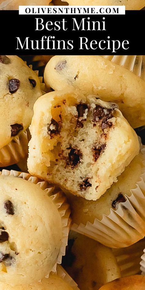 These mini chocolate chip muffins are just like the classic chocolate chip muffins you know and love, just made into two bite mini muffins! This Little Bites copycat recipe is quick and easy to make using simple ingredients. They’re better than store bought and are perfect for a delicious breakfast, snack or dessert. Church Snacks, Chocolate Chip Mini Muffins, Baked Muffins, Mini Muffin Recipe, Brownie Vegan, Mini Chocolate Chip Muffins, Chocolate Chip Muffin Recipe, Cereal Snacks, Simple Muffin Recipe