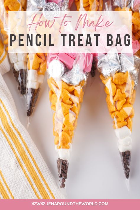 These Pencil Treat Bags are an adorable snack for after school or even while on break! It only takes a few minutes to assemble quite a few of these. Multiple layered snacks for variety and something that will take the kiddos a bit longer to eat than a few seconds. Pencil Treat Bags, Classmates Gifts, Goldfish Crackers, Red Ribbon Week, Best Shakes, Kisses Chocolate, Pastry Bag, After School Snacks, School Snacks