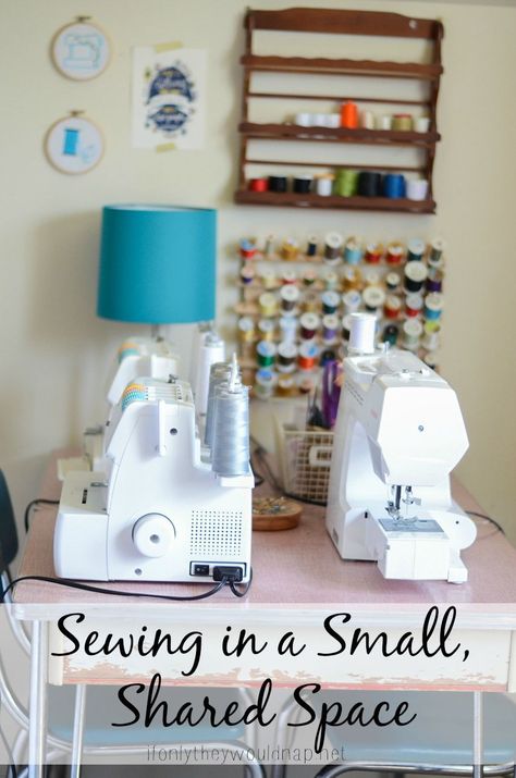 Sewing in a small, shared space Small Sewing Rooms, Craftroom Storage, Sewing Nook, Sewing Corner, Sewing Room Inspiration, Studio Spaces, Sewing Room Design, Sewing Storage, Sewing Room Organization