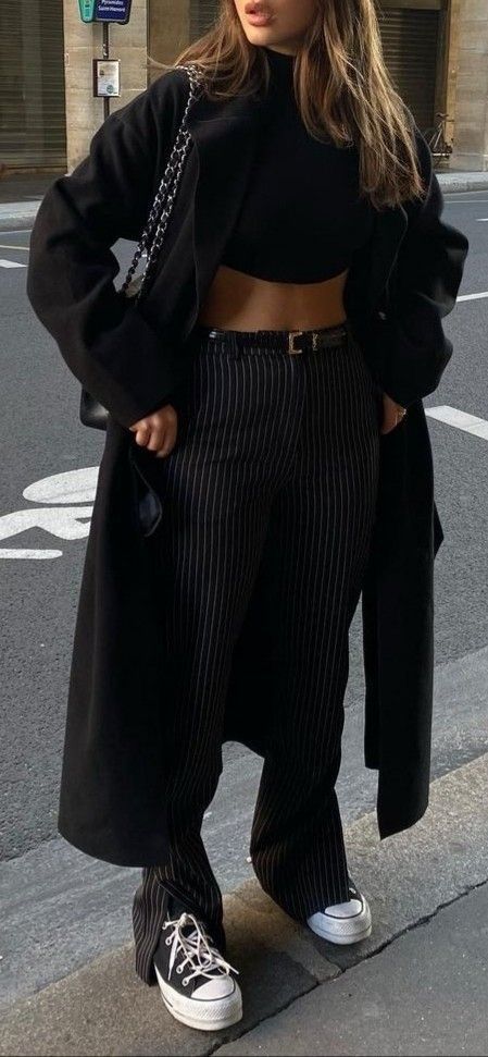 #black #blackandwhite #blackoutfit #blackvibes #pants #pantsoutfit #fashion #aesthetic #clothing #clothes #style #stylish #styleblogger #styleideas #trendy #trending #trendystreetstyle #trendysummeroutfits #comfystyle #comfort #fit #summer #outfit #outfitspo #outfitideas #outfitstyle #outfitgoals #outfitideasforwomen #inspo #europe #europeantravel #travel #shopping #brunch #dinner #datenight #morning #grwm #dress #ideas Wide Leg Trousers Outfit Street Style, Wide Leg Fashion Outfit, How To Style Black Trench Coat, Black Outfits 2023, Stripped Trousers Outfit, Black Wide Leg Outfit, Fitted Trousers Outfit, Black Wide Leg Pants Outfit Casual Street Style, How To Style Black Converse