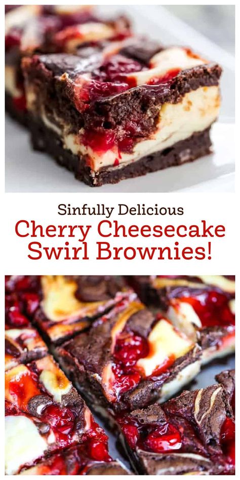 OMG! Heavenly Cherry Cheesecake Swirl Brownies - These OMG! Heavenly Cherry Cheesecake Swirl Brownies are so heavenly, they are the most sinful, indulgent brownies ever. Cherry Cheesecake Brownies, Cheesecake Recipes Easy, Chocolate Cheesecake Brownies, Cheesecake Swirl Brownies, Cherry Brownies, Brownie Cheesecake, Swirl Brownies, Chocolate Chip Cheesecake, Brownie Toppings