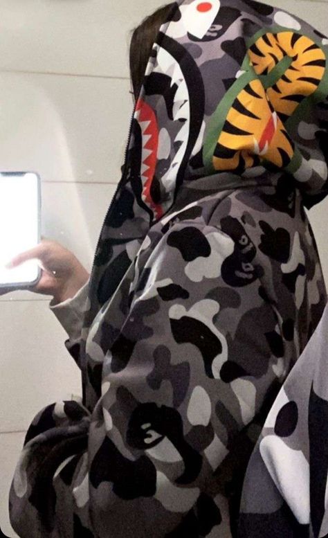 Black Bape Hoodie, Camo Shark Hoodie, Rip To My Youth, Bape Jacket, Bape Outfits, Bape Hoodie, Shark Hoodie, Outfit Korean, Face Graphic