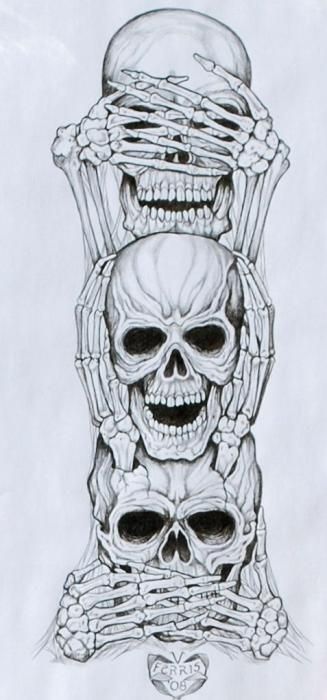 Evil Skull Art | No Evil Print by Vernon Farris Illustration Kunst, Kunst Tattoos, Marquesan Tattoos, Hear No Evil, Speak No Evil, Geniale Tattoos, See No Evil, Full Sleeve Tattoos, No Evil