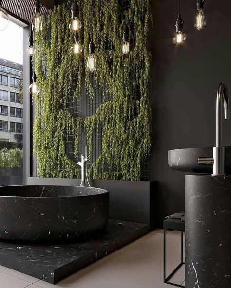 Bathroom Plants Decor, Black Marble Bathroom, Geometric Wall Paint, Marble Bathroom Designs, Gypsum Ceiling Design, Marble Bathtub, Bathrooms Ideas, Cool Bookshelves, Chair Design Wooden