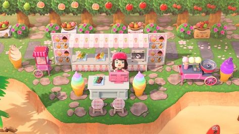 Ice Cream Shop Acnh Design, Animal Crossing Mall Ideas, Acnh Ice Cream Shop Ideas, Shop Ideas Animal Crossing, Ice Cream Animal Crossing, Animal Crossing Ice Cream Stall, Acnh Ice Cream Stall Design, Animal Crossing Stall Ideas, Animal Crossing Ice Cream Shop