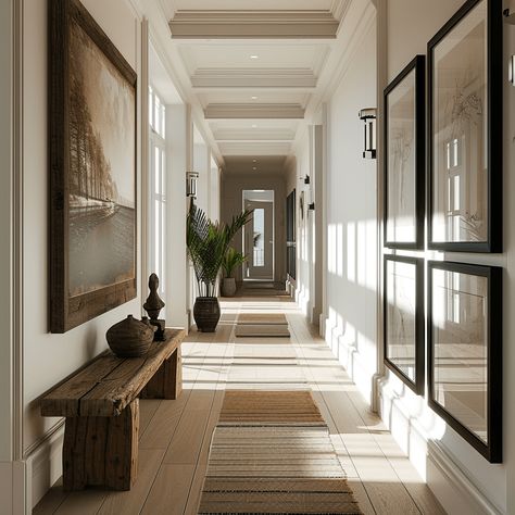 Long Corridor Decor, Long Hallway To Bedroom, Very Long Hallway, Long Narrow Corridor Ideas, Narrow Corridor Interior Design Home, Long Corridor Ideas, How To Decorate A Long Hallway, Long Hallway Aesthetic, Long Entry Hallway Ideas