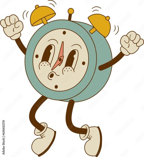 Funny retro alarm clock mascot for poster, banner, print. Cartoon wake up clock character vector illustration. Nostalgia, back to school Stock Vector | Adobe Stock Clock Cartoon Image, Alarm Clock Illustration, Clock Character, 2025 Logo, Cartoon Clock, Retro Alarm Clock, Retro Character, Clock Vintage, Character Vector