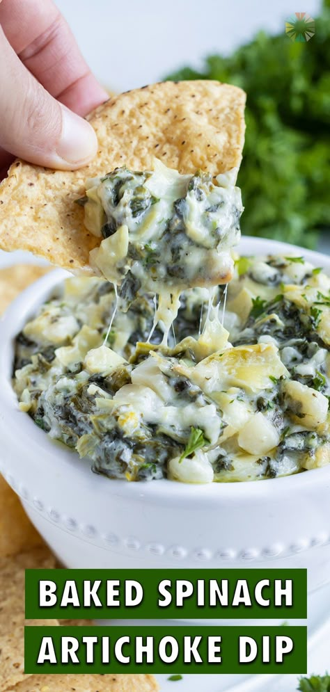 Hot Spinach Artichoke Dip is the recipe you need at your next party! Sautéed spinach is mixed with artichoke hearts, mozzarella cheese, cream cheese, and Parmesan, then baked in the oven until bubbling. You can also cook and serve in a slow cooker for an easy holiday or Super Bowl appetizer! Easy Spinach Artichoke Dip, Hot Spinach Artichoke Dip, Spinach Artichoke Dip Easy, Baked Spinach Artichoke Dip, Roasted Tomato Salsa, Spinach Artichoke Dip Recipe, Artichoke Dip Recipe, Salsa Recipes, Superbowl Appetizers