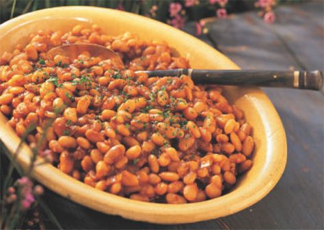 Hot and Smoky Baked Beans Recipe: Bon Appétit Bbq Pinto Beans, Slow Cooker Baked Beans, Cookout Sides, Pinto Bean Recipes, Barbecue Sides, Barbecue Side Dishes, Baked Beans Recipe, Cookout Side Dishes, Cooking Dried Beans