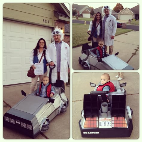 BACK TO THE FUTURE COSTUMES / DELOREAN - FAMILY COSTUMES - I got this amazing idea from another pinner on Pinterest and had to try it! I believe she made her car over a push car. I instead built ours around our Step2 wagon. Boy what a challenge!!! My Husband was Dr Emmett Brown and I was Jennifer Parker... And of course our little guy was Marty Mcfly:) Wagon Halloween Costumes, Emmett Brown, Halloween Costumes 2014, Future Costume, Baby Costume, Cute Couple Halloween Costumes, Fall Yall, Spooktacular Halloween