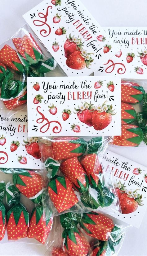 Sweet Six Birthday Party Ideas, Berry First Birthday Gift Bags, Fruit Party Favors, Berry Special Birthday, Berry Party Favors, Berry Themed Centerpieces, Strawberry Birthday Games, Strawberry Third Birthday, Strawberry Shortcake Second Birthday