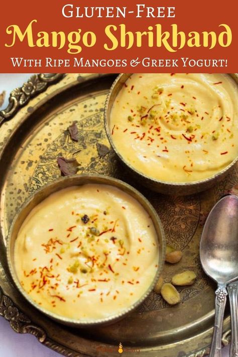 Mango Shrikhand, a sweet yogurt dessert that is so easy to make! Made with Greek yogurt, mango pulp, and a hint of saffron, shrikhand makes for a refreshing summer treat. | Healthy Dessert | Indian Sweets | Mango Recipes | #easydessert #mango #shrikhand | pipingpotcurry.com Mango Shrikhand, Yogurt Dessert, Creamy Yogurt, Mango Pulp, Mango Dessert, Healthy Indian Recipes, Easy Indian Recipes, Meat Free Recipes, Mango Recipes