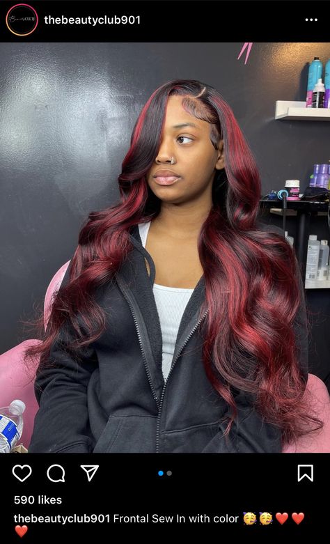 Black And Red Sew In Weave, Red Highlights Sew In, Red And Black Quick Weave, Red Quick Weave Hairstyles, Red Sew In, Cute Sew Ins, Black Hair With Red Highlights, Black And Burgundy Hair, Burgundy Highlights