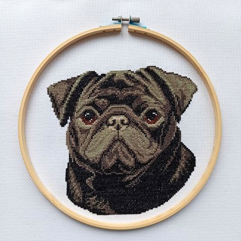 "Black pug - cross stitch pattern pdf. Designer - Anna Nolfina Annaxstitch (AXS) ★ More dog cross stitch patterns here:    https://www.etsy.com/shop/SofiaMBelenko?ref=seller-platform-mcnav&section_id=37770237 ★ PATTERN SPECIFICATIONS ★ This is a digital Do-It-Yourself patterns. Just download, print and cross-stitch! 🔹 DMC Colors: 9 pieces 🔹 Design size in stitches: 101 x 102 🔹 Design size in inches and centimeters (approximately):       7.2 X 7.3 in or 18.3 X 18.5 cm (14 count Aida) ★ THE PDF Pug Cross Stitch, Brindle Pug, Pug Cross, Portrait Cross Stitch, Beaded Hair Pins, Scissor Case, Bead Organization, Modern Pet, Black Pug