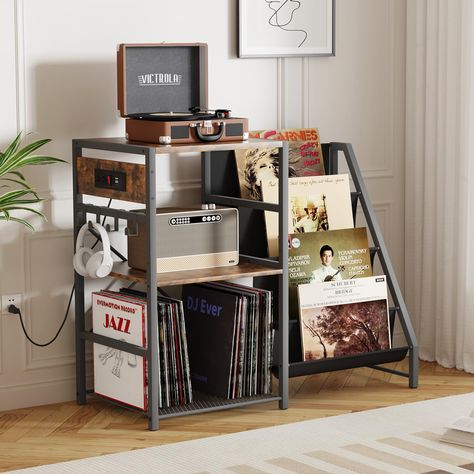 PRICES MAY VARY. LARGER CAPACITY STORAGE HELPER: This turntable stand is much larger in size. This large record player stand measures 35.2''L x 15.7''W x 29.2''H and top measures 16.92''L x 15.74''W. Our record player table's top can accommodate various sizes of record players. This record player stand has three levels of storage space, which can be used to store items such as record players, vinyl records, albums, magazines books, collectibles and CDs and can hold at least 200 vinyl records. Th Record Player Side Table, Record Player Decor Display, Audio Rack Ideas, Vinyl Player Stand, Childish Room, Vinyl Record Organization, Record Player Setup, Audio Cabinet, Record Player Table