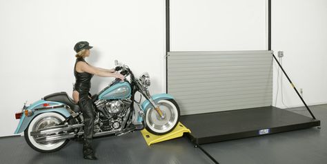 Garage Motorcycle Storage, Motorcycle Storage Garage, Hd Fatboy, Motorcycle Storage, Garage Lift, Ultimate Garage, Small Garage, Motorcycle Garage, Garage Shop