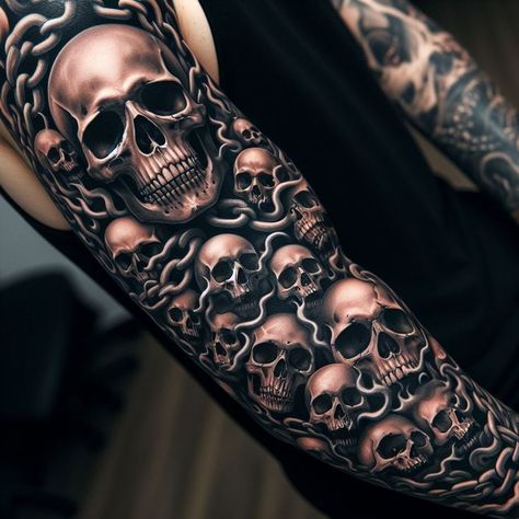 3d Skull Tattoo, Candy Skull Tattoo, Inside Of Arm Tattoo, Unique Half Sleeve Tattoos, Skulls Tattoo, All Seeing Eye Tattoo, Evil Skull Tattoo, Skull Art Tattoo, Skull Hand Tattoo