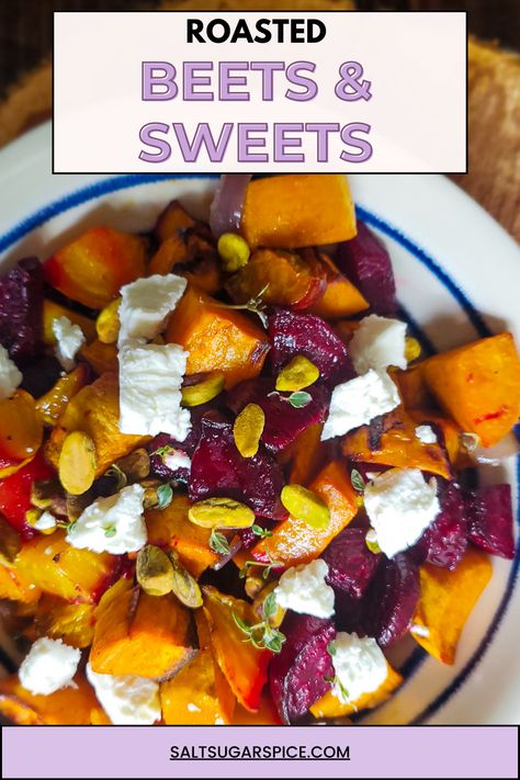 Roasted Beets and Sweets (or sweet potatoes) are like a match made in heaven! A drizzle of honey, crunchy pistachios, flecks of fresh thyme, and creamy goat cheese crumbles finish off this beautiful and healthy side dish. Beet And Sweet Potato Recipes, Beets And Sweet Potatoes, Goat Cheese Crumbles, Beet Goat Cheese Salad, Beet And Goat Cheese, Layered Potato, Creamy Goat Cheese, Thanksgiving 2024, Goat Cheese Salad