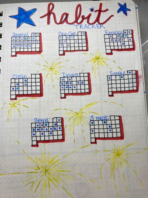 July Bullet Journal Habit Tracker, Fourth Of July Bullet Journal, 4th Of July Bullet Journal, July Journal Ideas, July Habit Tracker, July Bullet Journal Ideas, July Mood Tracker, Summer Bujo, July Journal