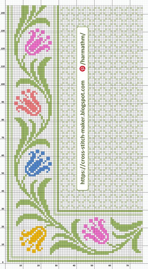 Tablecloth surrounded by colorful flowers,  enlarged pattern. Original size 175 X 175 Small Blue Flowers, Cross Stitch Border Pattern, Pola Kristik, Cross Stitch Patterns Flowers, Crochet Stitches Video, Needlework Embroidery, Cross Stitch Borders, Border Pattern, Cross Stitch Fabric