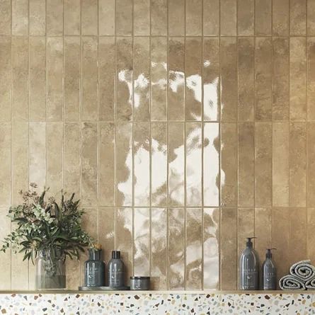 Encore Surfaces Progetto 3" x 16" Porcelain Subway Wall Tile | Wayfair Brown Shower Tile, Glossy Floor, Pool Interior, Bathroom Pool, Brown Tile, Brick Look Tile, Subway Tiles Bathroom, Bullnose Tile, Porcelain Wall Tile