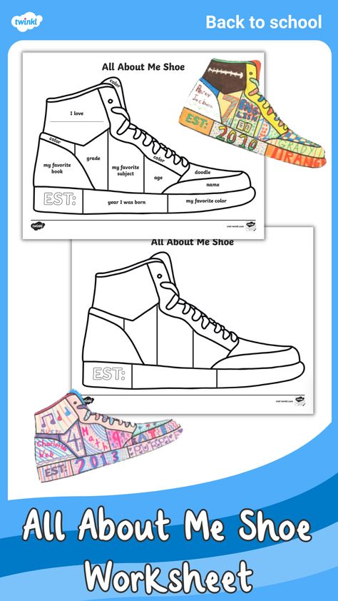 All About Me Shoe Worksheet Year 4 Activities, A Walk In My Shoes Activity, Shoes Template Design, All About Me Upper Elementary, Beginning Of The School Year Art Ideas, First Day Of Art Activities, Stand In My Shoes Activity, Design A Shoe Art Project, Walk A Mile In My Shoes Activity