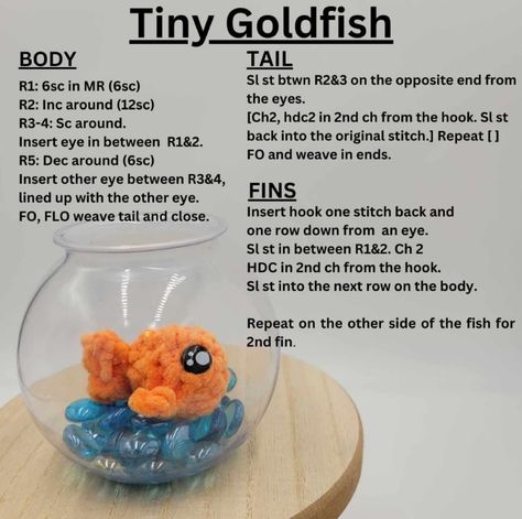 Cute Tiny Crochet Animals, Crochet Fish In A Bowl, Tiny Fish Crochet Pattern, Goldfish Crochet Pattern, Crochet Fish Bowl, Crochet Fish Pattern Free Easy, Goldfish Crochet Pattern Free, Crochet Goldfish Pattern Free, Goldfish Crochet