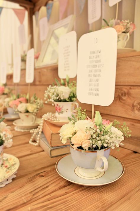 Vintage Tea Cup & Flowers Table Plan Eco Friendly Table Centerpieces, Tea Theme Wedding, Tea Cup Centerpiece, English Tea Wedding Theme, Tea Themed Wedding, Tea Cup Centerpieces Vintage, Tea Party Seating Chart, Vintage Tea Party Bridal Shower Ideas Decor Table Settings, Decorating With Tea Cups