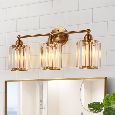 Modern Glam Crystal 3-Light Gold Bathroom Vanity Lights Dimmable Plating Brass Wall Sconce - L 23.6" * D 6.7" * H 10.6" - Bed Bath & Beyond - 39178841 Brass Bathroom Lighting, Gold Bathroom Vanity, Master Bath Lighting, Bathroom Mirror With Shelf, Bathroom Vanity Lights, Bathroom Mirror Frame, Art Deco Bathroom, Bathroom Vanity Light, Vanity Lights