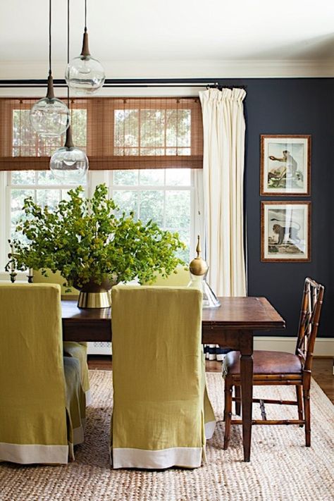 Bamboo Blinds Dining Room, Lauren Liess Dining Room, Navy Blue Formal Living Room, Navy Blue And Green Dining Room, Bold Dinning Room, Navy Blue Dining Room Walls, Blue Wall Dining Room, Layered Dining Room, Dining Room Inspiration Traditional