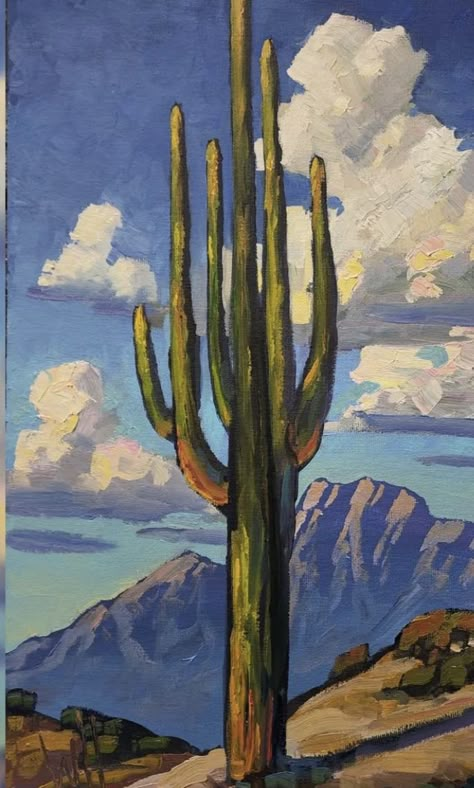 Saguaro Cactus Watercolor Painting, Desert Landscape Oil Painting, Water Coloring Ideas Easy Landscape, Cactus Oil Pastel, How To Paint Cactus, Gouache Desert, Mini Watercolour Painting, Desert Painting Acrylic Easy, Mexico Painting Ideas