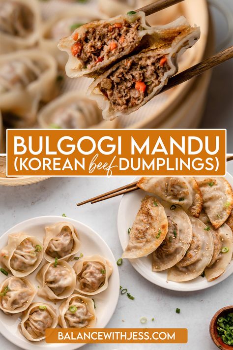 Easy homemade Beef Bulgogi Mandu, or Korean Dumplings, are great as a snack, party appetizer, or side dish. A medley of ground beef and vegetables is seasoned with a sweet and savory bulgogi marinade, then assembled into half moon or rosebud dumplings. Steam or fry them - they're delicious either way! Dairy free. Mandu Recipe, Mandu Korean, Ground Beef And Vegetables, Korean Appetizers, Bulgogi Marinade, Korean Dumplings, Beef Dumplings, Easy Korean Recipes, Beef And Vegetables