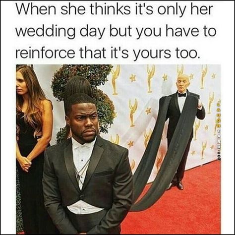 Kevin Hart, being so extra, has an assistant holding his super long coat tails to reinforce that this is his wedding day too. Wedding Day Meme, Wedding Meme, Wedding Humor, The Villain, My Wedding, Super Funny, Public School, Best Memes, Funny Cute