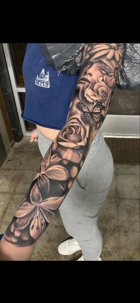 Women Tattoos Full Sleeve, Shaded Flower Sleeve Tattoo, Shaded Floral Sleeve Tattoo, Tattoo Ideas Female Full Arm, Tattoo Ideas Female Sleeve Shading, Half Sleeve For Women Lower Arm, Filled In Sleeve Tattoo, Arm Sleeve Tattoo Ideas Female, Full Arm Sleeve Tattoos For Women Roses