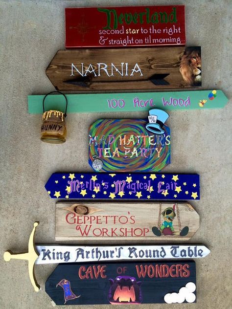 Fantasy Fictional Fairytale Places Directional Sign Custom King Arthur Round Table, Fairytale Places, Fictional Places, Direction Signs, Backyard Sanctuary, Childrens Library, Directional Signs, Library Displays, Baby On The Way