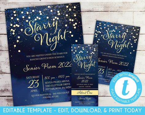 Starry Night Invitation | Etsy Starry Night Prom Invitations, Prom Tickets Design, Starry Night Invitation, Ball Themes, Prom Invitations, Starry Night Prom, Prom Invites, Dance Flyer, Prom Tickets