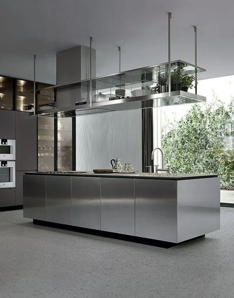 Kitchen Design Modern Contemporary, Stainless Steel Kitchen Island, Kitchen Interior Modern, Metal Kitchen Cabinets, Steel Kitchen Cabinets, Stainless Kitchen, Kitchen Interior Design Modern, Contemporary Kitchen Design, Kitchen Island Design