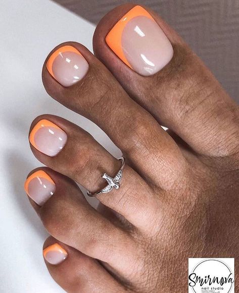 Orange Toe Nails, French Toe Nails, Nails With Charms, Pedicure Designs Toenails, French Pedicure, Gel Toe Nails, Acrylic Toe Nails, Toe Nail Color, Pretty Toe Nails