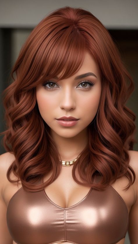 Chocolate Copper Hair Styles Hair Color For Winter 2023, Red Hair Olive Skin Tone Brown Eyes, Hair Color Fall 2023, Chocolate Copper Hair With Highlights, Chocolate Brown Red Hair, Light Red Hair With Blonde Highlights, Medium Brown Hair With Bangs, Chocolate Cooper, Cool Red Hair Color