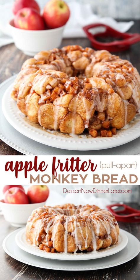 Apple Fritter Monkey Bread is an easy and delicious pull apart bread with chunks of caramelized apples, sticky cinnamon-sugar, and a light glaze. Fashioned after your favorite donut, this apple fritter bread makes a tasty breakfast or dessert. #ad @rhodesbread // #applefritters #applefrittersrecipe #applefritterbreadrecipe #pullapartbread Fall Monkey Bread Recipe, Pick Up Breakfast Ideas, Biscuits Ideas Canned, Christmas Apple Desserts, Biscuit Recipe Ideas, Apple Desserts Recipes, Apple Fritter Monkey Bread, Creative Dessert Ideas, Biscuit Desserts