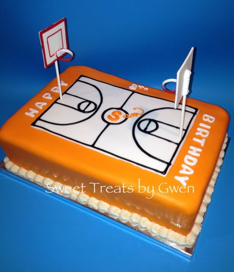 - Basketball Court Cake. Fondant covered. Gumpaste basketball hoops. Royal icing court lines. Basketball Court Cake, Ball Cupcakes, Basketball Birthday Cake, Cake For Boyfriend, 13 Birthday Cake, Basketball Birthday Parties, Basketball Cake, Cupcake Birthday Cake, Basketball Birthday